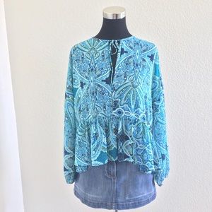 Belle Sky Blue Green Paisley Ruffled Top Blouse NWT